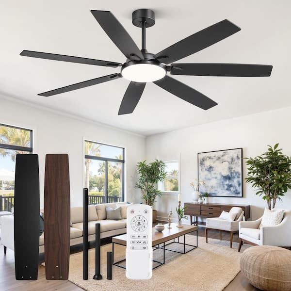 62 in. Large Farmhouse Indoor and Outdoor Ceiling Fan with Lights, Black Modern, 8 Dual Finish Blades, Quiet DC Motor