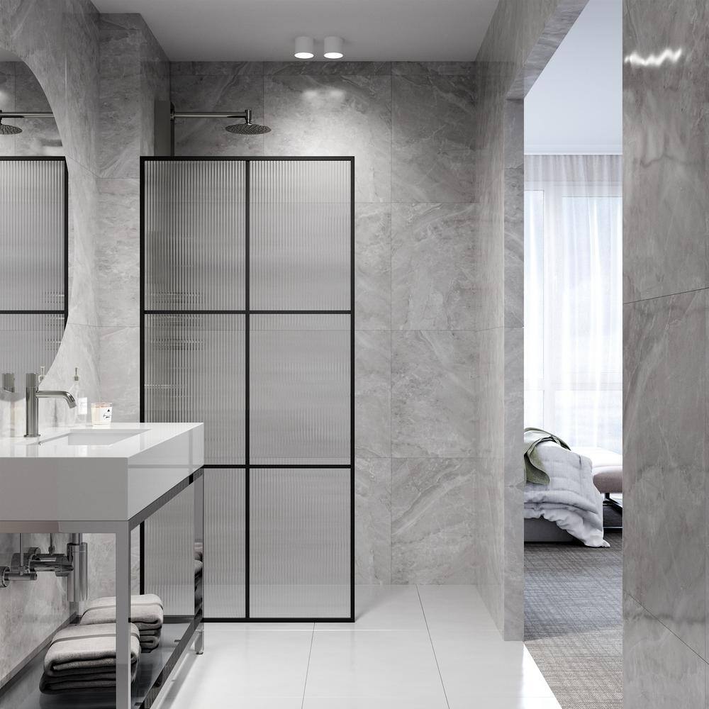 Ventana Matte Black 34" x 74" Framed Shower Screen with Fluted Glass