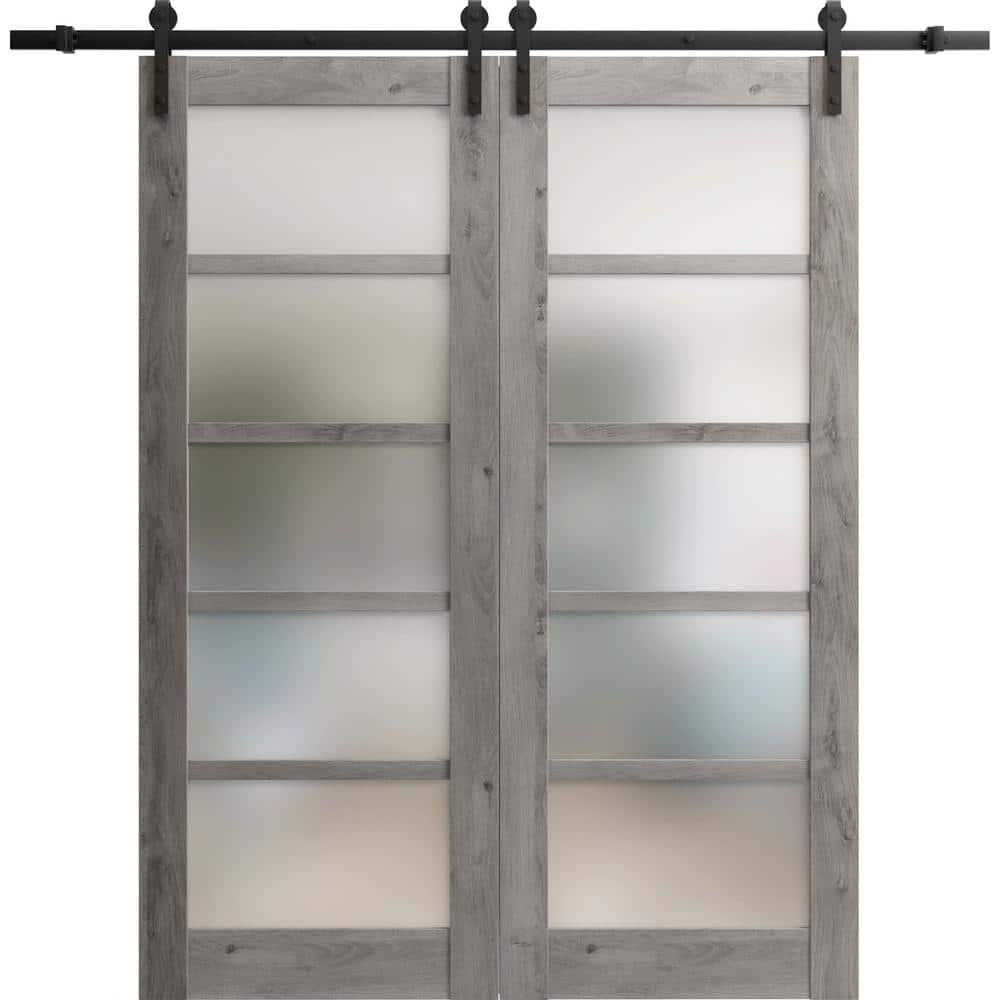 Assemble Required 30 in. x 96 in. 2 Panel Frosted Glass Nebraska Grey Solid Wood Sliding Barn Door with Hardware Kit price history on PriceWatchPro