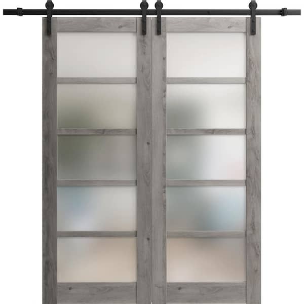 Sartodoors 32 in. x 80 in. 2 Panel Frosted Glass Nebraska Grey Solid Wood Sliding Barn Door with Hardware Kit