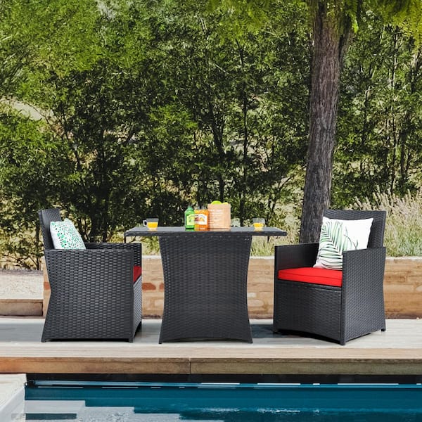 Gtnali 3-Piece Outdoor Wicker Rattan Patio Conversation Set with Red Cushions
