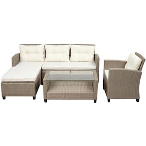 Leisure 4-Piece Wicker Patio Outdoor Dining Conversation Set with Beige Cushions