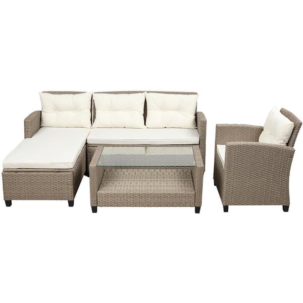 Unbranded Leisure 4-Piece Wicker Patio Outdoor Dining Conversation Set with Beige Cushions