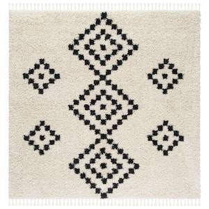 Moroccan Fringe Shag Cream/Charcoal 7 ft. x 7 ft. Tribal Diamond Square Area Rug