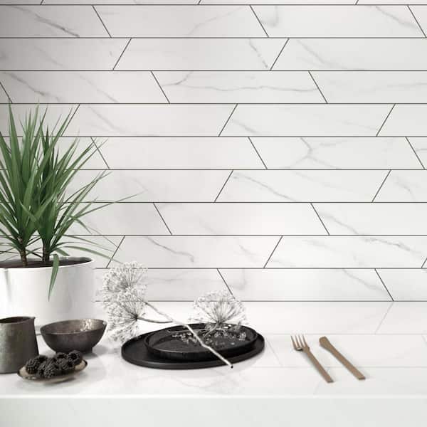 Elegance White Chevron 15.75 in. x 3.15 in. Matte Porcelain Tile Sample