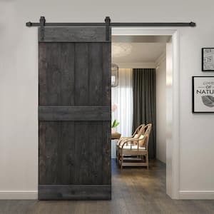 Distressed Mid-Bar 30 in. x 84 in. Charcoal Black Stained Solid Pine Wood Interior Sliding Barn Door with Hardware Kit