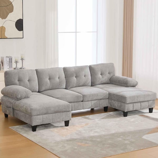 103.5 in. Round Arm Chenille Sectional Sofa with Dual Chaise Lounges, Storage Pockets and Armrest Pillows in. Gray