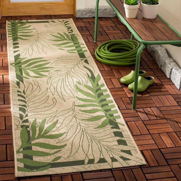 Courtyard Cream/Green 2 ft. x 16 ft. Palm Leaf Indoor/Outdoor Runner Rug