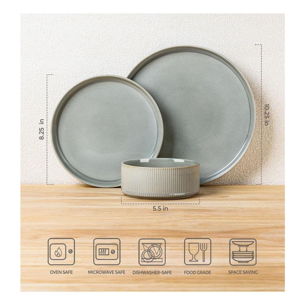 12-Piece Gray Ceramic Porcelain Dinnerware Set - Thumbnail 2