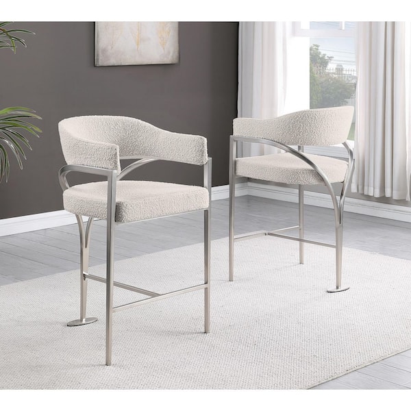 Nayla 37.5 in H. Cream Low Back Metal Frame Counter Stool With Boucle Fabric Matte Brushed Chrome Base Set of 2