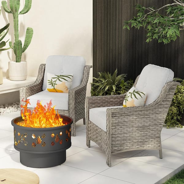 XIZZI Iris 3-Piece Wicker Outdoor Patio Conversation Sofa Seating Set with a Wood-Burning Fire Pit and Light Gray Cushions