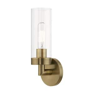 Hastings 4.25 in. 1-Light Antique Brass ADA Wall Sconce with Clear Glass