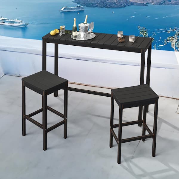 LUE BONA 3-Piece 55 in. Black Outdoor Dining Table Set Aluminum Outdoor Bar Set HDPS Top With Bar Stools for Balcony