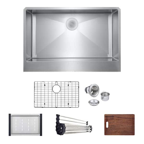 PELHAM & WHITE Bryn Stainless Steel 16- Gauge 30 in. Single Bowl Farmhouse Apron Kitchen Sink Workstation with Bottom Grid, Drain