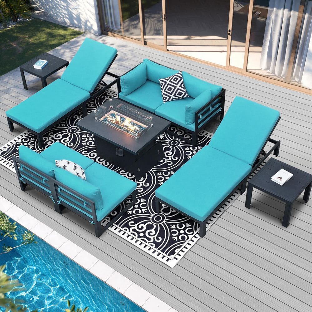 9-Piece Outdoor Gray Aluminum Patio Furniture Conversation Set Modular Fire Pit Set with Teal Cushion, Lounger, Ottoman price history on PriceWatchPro