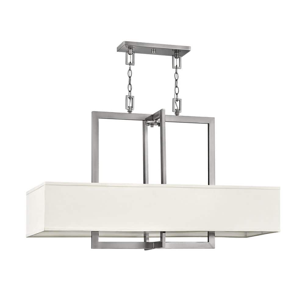 Elegant Antique Nickel 4-Light Linear Chandelier with Off-White Linen Shade