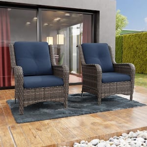 Ergonomic Arm 2-Piece Patio Wicker Outdoor Lounge Chair with Thick Blue Cushions