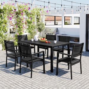 Black 7-Piece Steel Outdoor Dining Set with 6 Black Chairs and Black Table