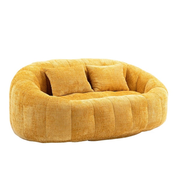 59 in. Yellow Chenille 2-Seater Loveseat Comfort Lounger High Back Bean Bag Chair Lazy Sofa Couch with Pillows