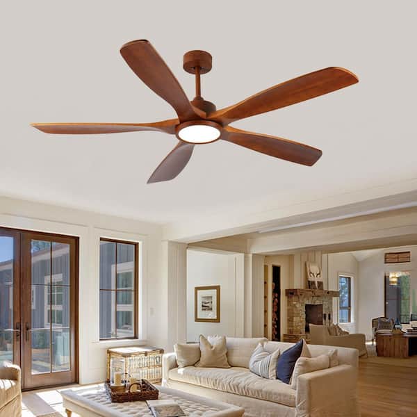 60 in. Indoor Brown 5 Solid Wood Fan Blade 6 Speeds Ceiling Fan with Remote and Reversible DC Motor