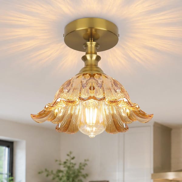 BeamHaven 1-Light Semi-Flush Mount Vintage Ceiling Lights Fixture with Amber Flower Glass for Porch Kitchen Dining Room