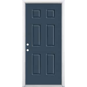 36 in. x 80 in. 6-Panel Night Tide Right-Hand Inswing Painted Smooth Fiberglass Prehung Front Door with Brickmold