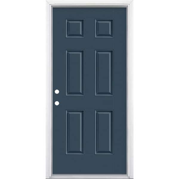 36 in. x 80 in. 6-Panel Night Tide Right-Hand Inswing Painted Smooth Fiberglass Prehung Front Door with Brickmold