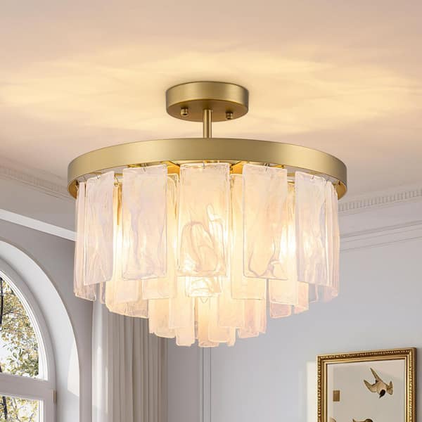 Hielo 5-Light 15.7 in. W Brushed Brass Tiered Ice Glass Pendant Light for Dining Room and Living Room