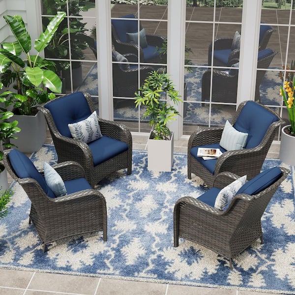 JOYSIDE Ergonomic Arm 4-Piece Patio Wicker Outdoor Lounge Chair with Blue Cushions