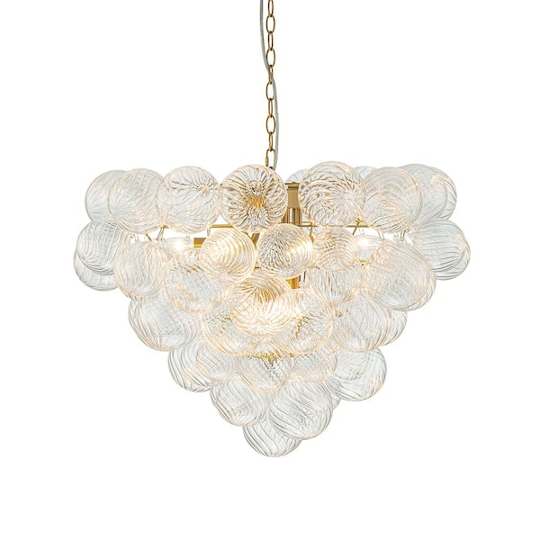 HUOKU Neuvy 27.6 in. W 9-Light Brushed Gold Brass Clear Textured Glass ...