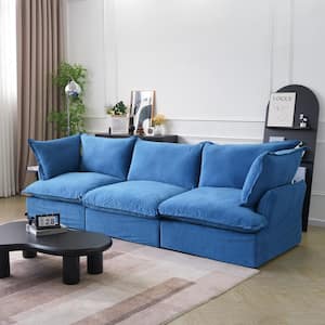 122.82 in. Wide Flared Arm Linen Down-Filled Modular Free Combination Deep Seat Straight Sofa in Blue