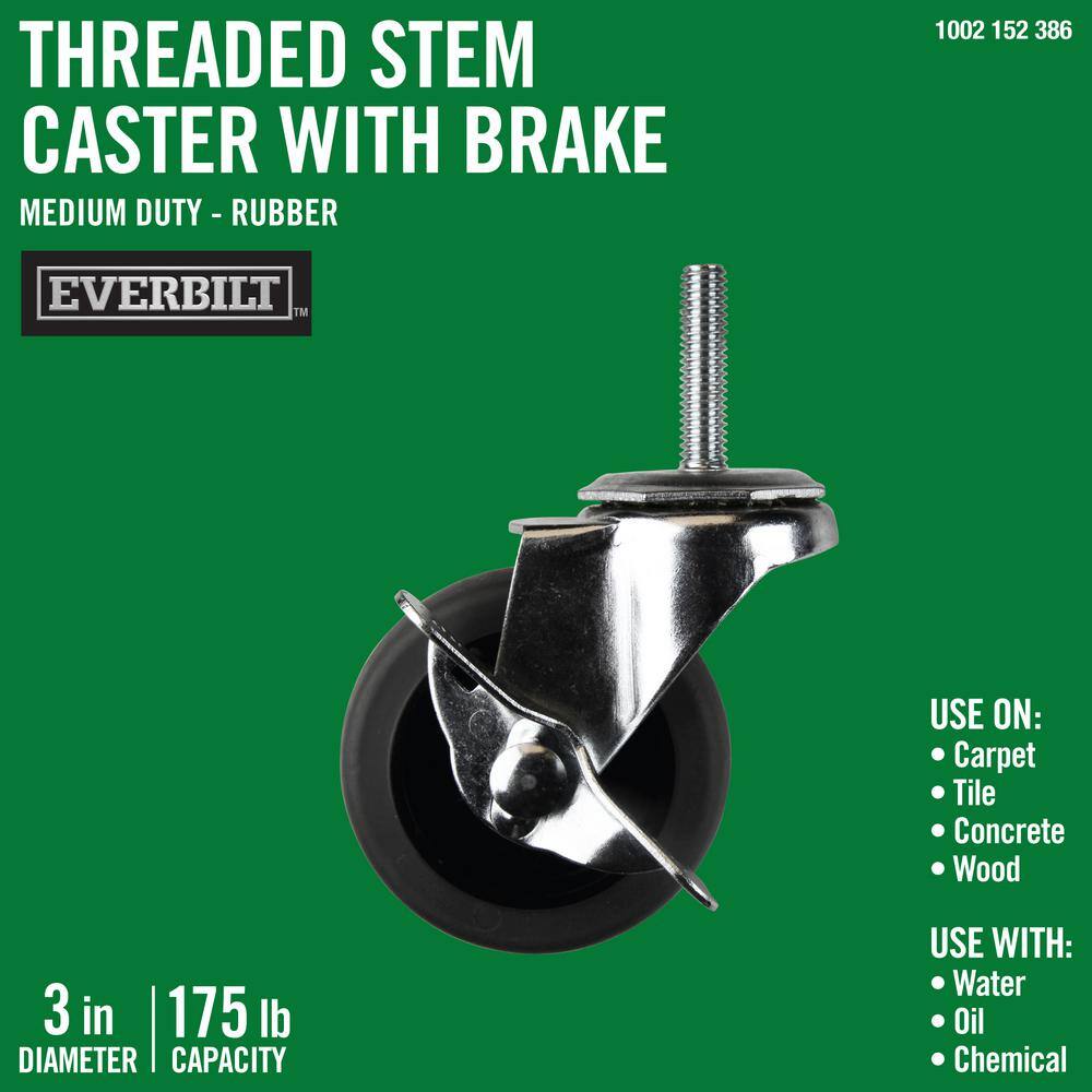 Heavy Duty TPR Rubber Caster Wheel with Swiveling Threaded Stem w/ Brake 3" 