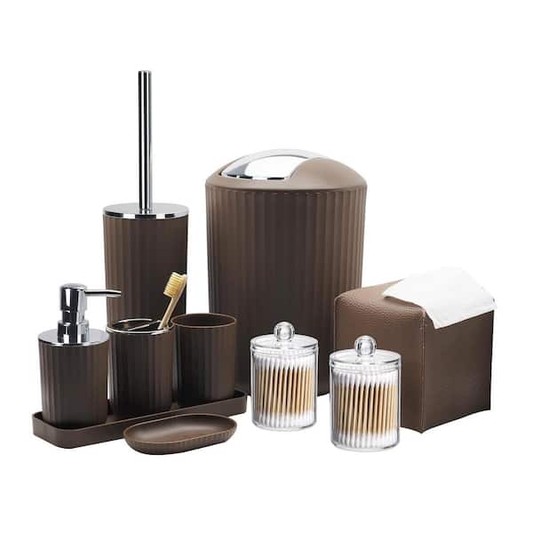 Adrinfly 10-Pieces Bathroom Set with Toothbrush Holder, Cup, Soap Dispenser, Tissue Box, Q-Tip Box, Toilet Brush Holder, in Brown