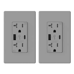 25-Watt 20 Amp Type C and Type A USB Duplex Outlet, Smart Chip High Speed Charging Wall Plate Included, Gray (2-Pack)