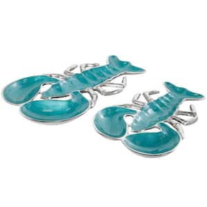 Teal Aluminum Metal Enameled Lobster Decorative Tray with Silver Metal Exterior (Set of 2)