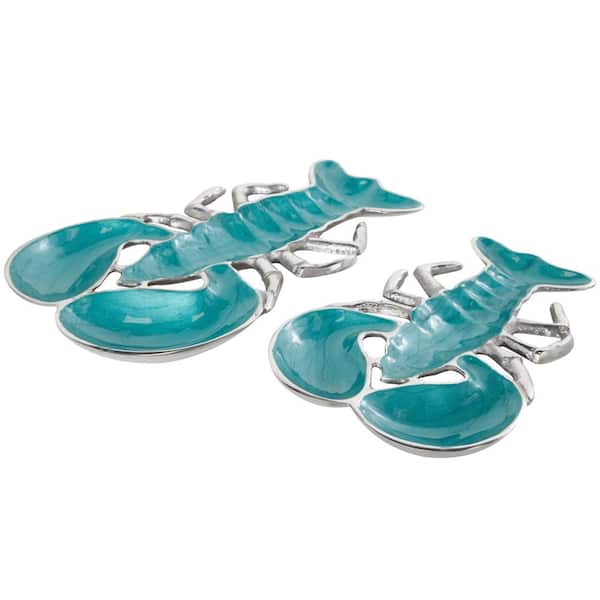 Litton Lane Teal Aluminum Metal Enameled Lobster Decorative Tray with Silver Metal Exterior (Set of 2)