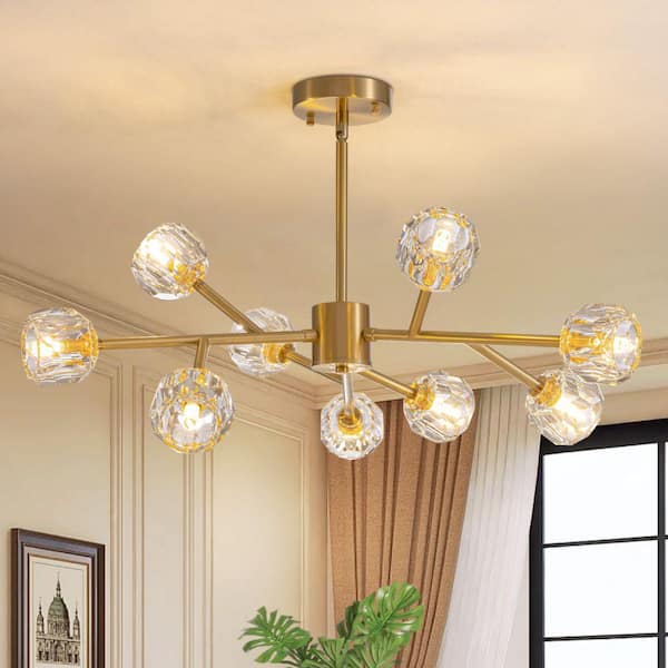 WDETR 26 in. 9-Light Solid Brass Modern Crystal Chandelier for Dining Room and Living Room