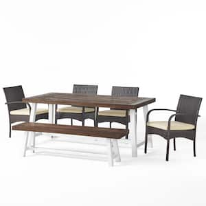 Luster Brown Iron 6-Piece Faux Rattan Outdoor Dining Set with Creme Cushions