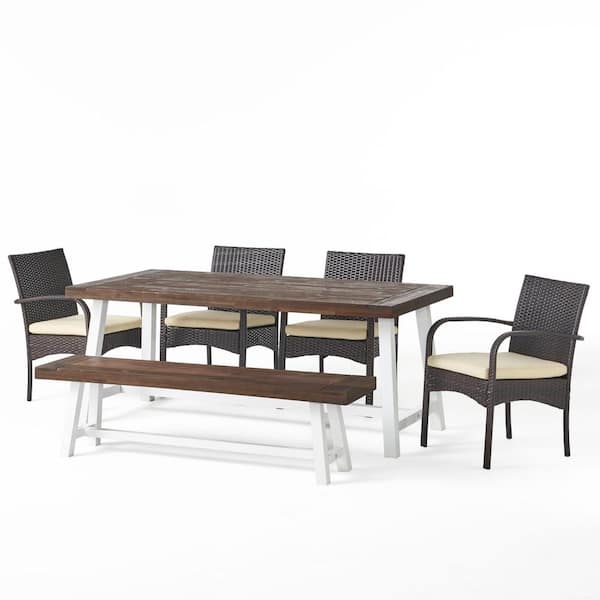 Noble House Luster Brown Iron 6-Piece Faux Rattan Outdoor Dining Set with Creme Cushions
