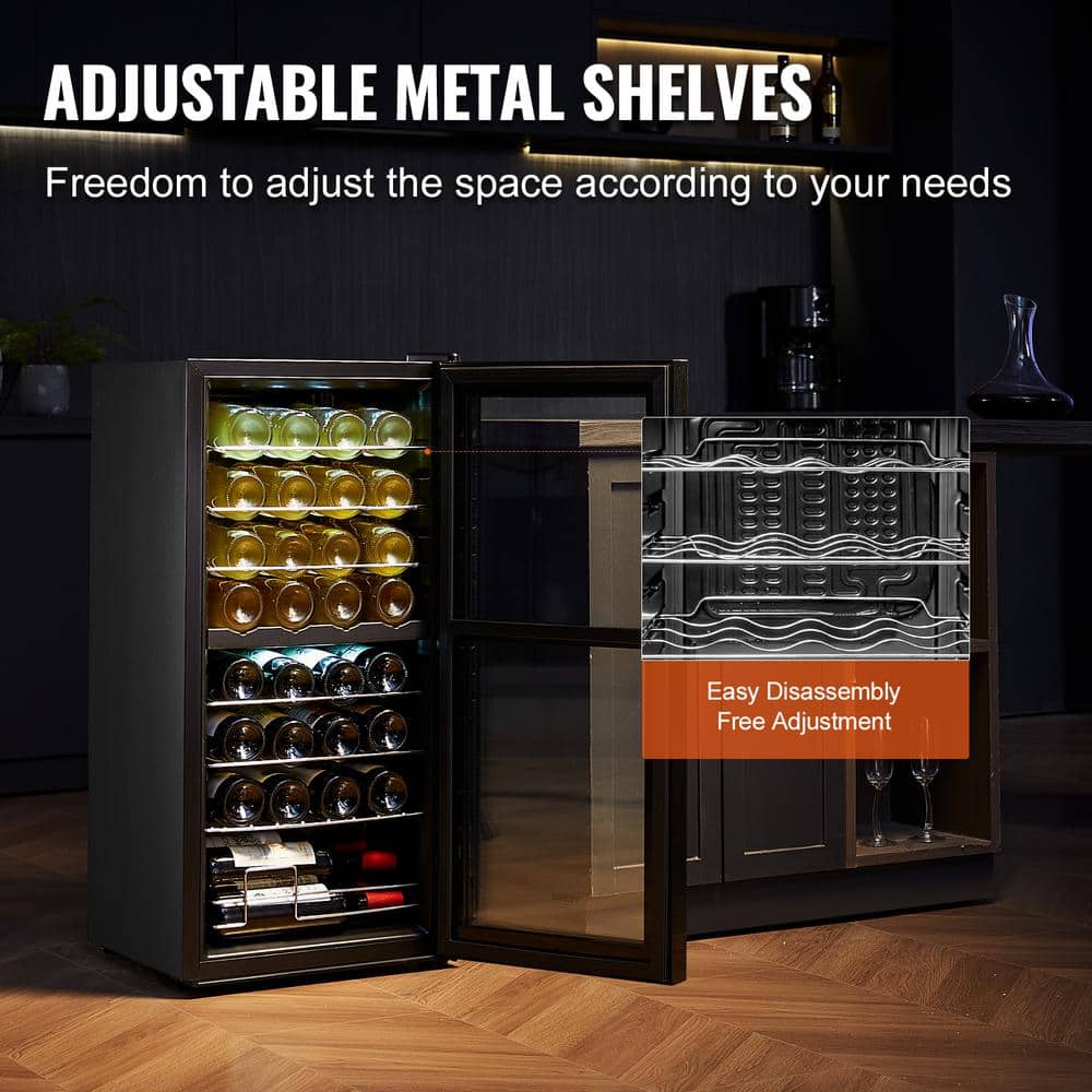 32-Bottle Black Dual Zone Freestanding Wine Cooler with Glass Door
