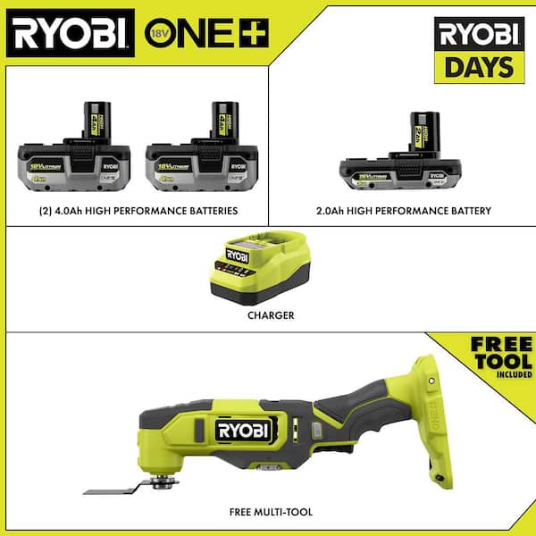 ONE+ 18V HIGH PERFORMANCE Kit w/ (2) 4.0 Ah Batteries, 2.0 Ah Battery, Charger, & FREE ONE+ 18V Cordless Multi Tool