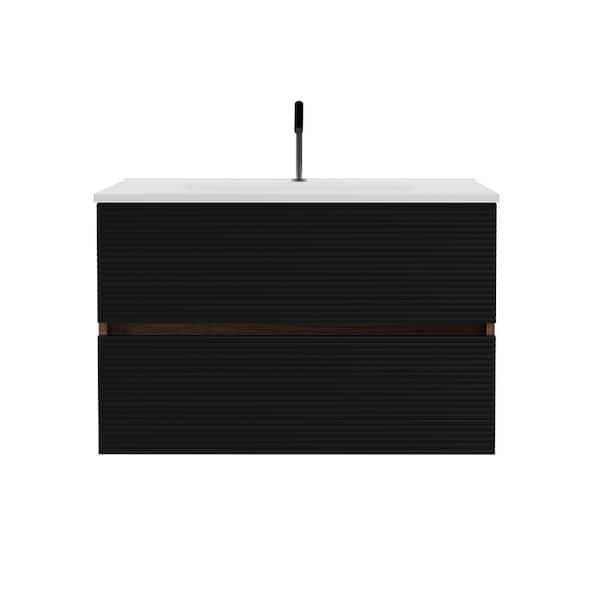 Glory 30 in. Single Sink Wall Mounted Walnut with Soft Black Panel Bath Vanity with White Integrated Ceramic Top Sink
