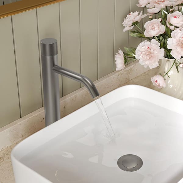 Waterfall Mid-Arc 1-Hole Single Handle Bathroom Sink Faucet Vessel Faucet in Brushed Nickel with Pop-Up Drain(2 Pack)