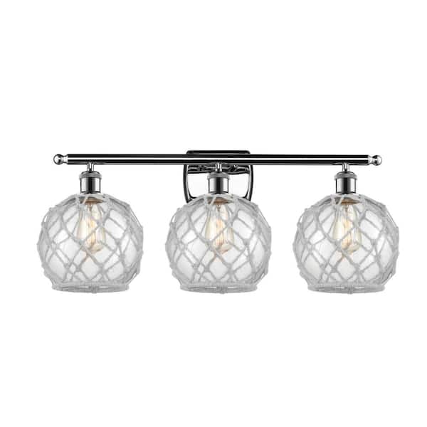 Farmhouse Rope 26 in. 3-Light Clear Glass with White Rope, Polished Chrome Vanity Light with White Glass Shade