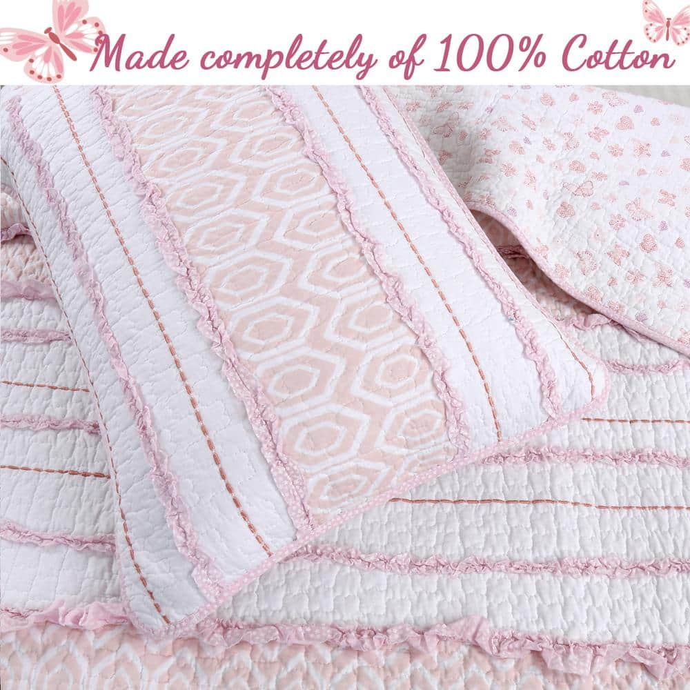 Pink and White Cotton Reversible Twin Quilt Set