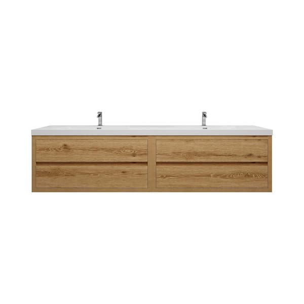 Louis 84 in. W x 20 in. D x 22 in. H Double Sink Floating Bath Vanity in Yellow Wood with White Acrylic Top