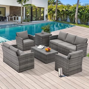 Grey 6-Piece Wicker Patio Conversation Set with 2 Storage Boxes and Grey Cushions
