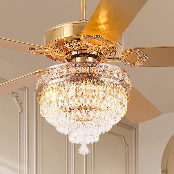 Kviflon 62 in. Indoor/Outdoor Crystal Chandelier Gold Propeller
