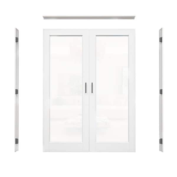 ARK DESIGN 60 in. x 80 in. 1-Lite Clear Glass Universal White Solid Core MDF Double Prehung French Door w/Separate Jamb&Ball Catch