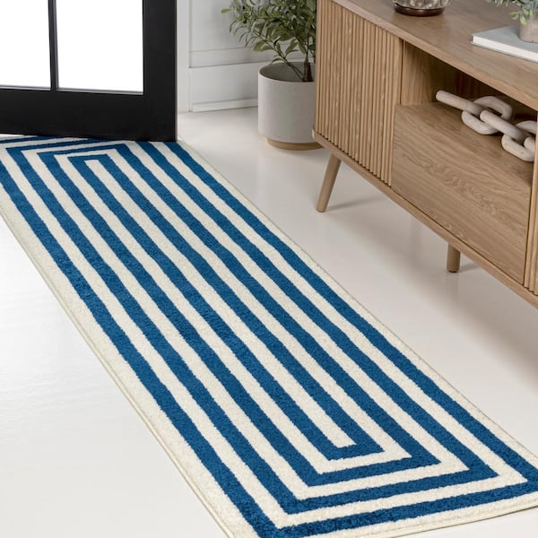 JONATHAN Y Bandol Modern Navy/Ivory 2 ft. x 8 ft. Classic Mitre Stripe Runner Rug